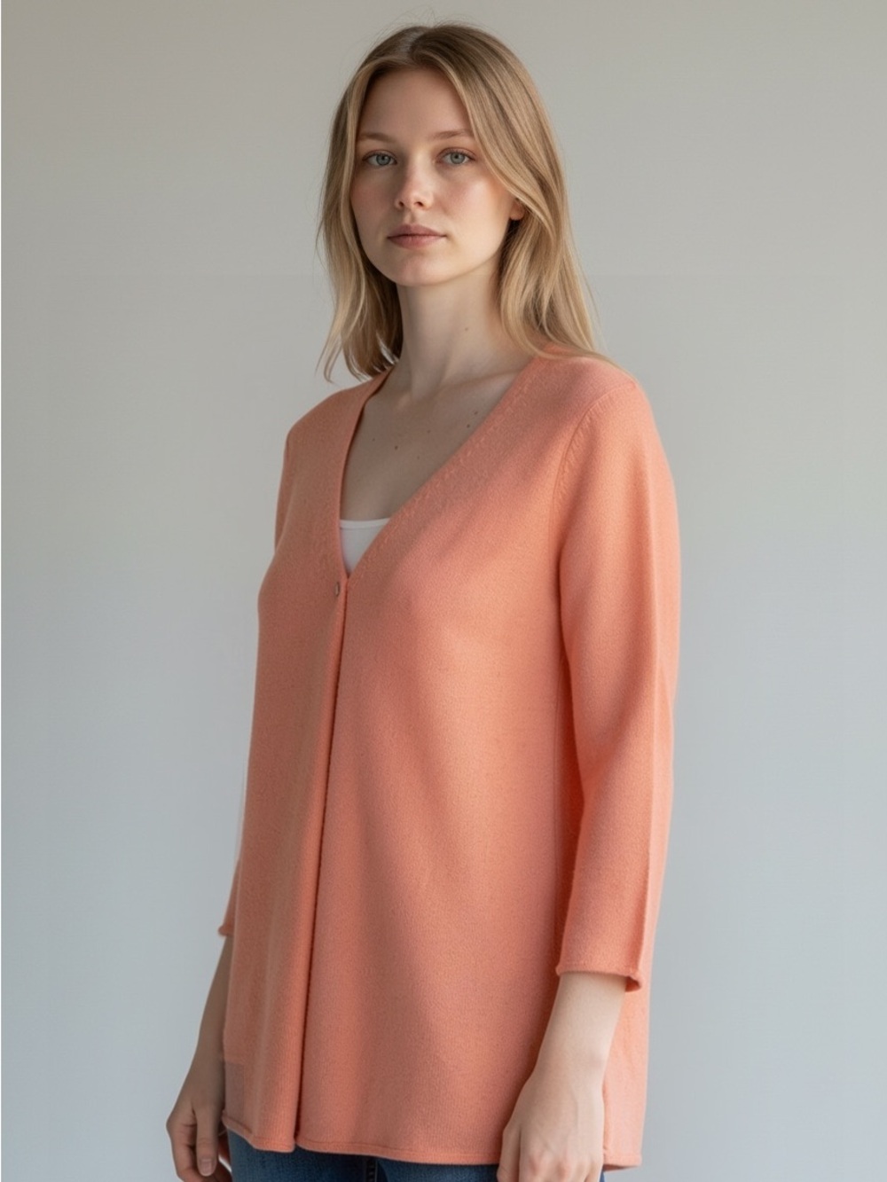 Claudia Nichole Cashmere Peach V-Neck Sweater Cardigan Rolled Sleeve Size Medium
